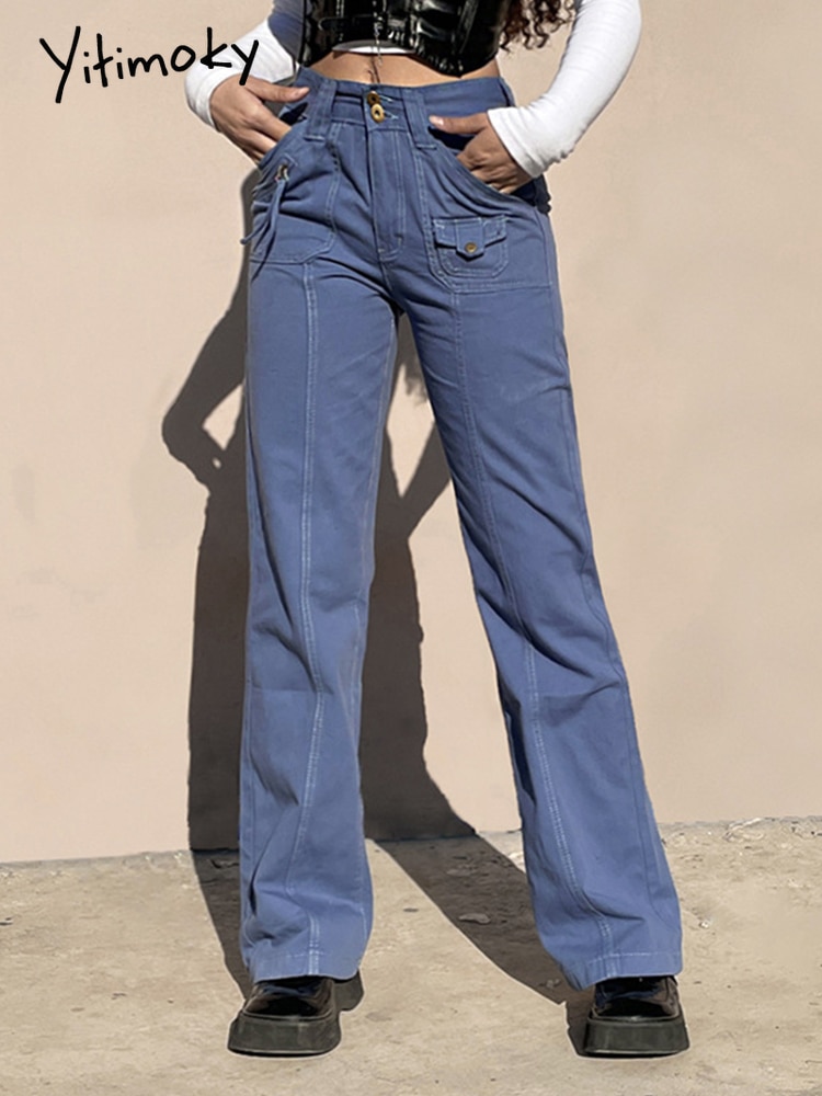 Yitimuceng Vintage Jeans Women Cargo Pants Casual Streetwear Baggy Pockets High Waist Wide Leg Denim Straight Trouse